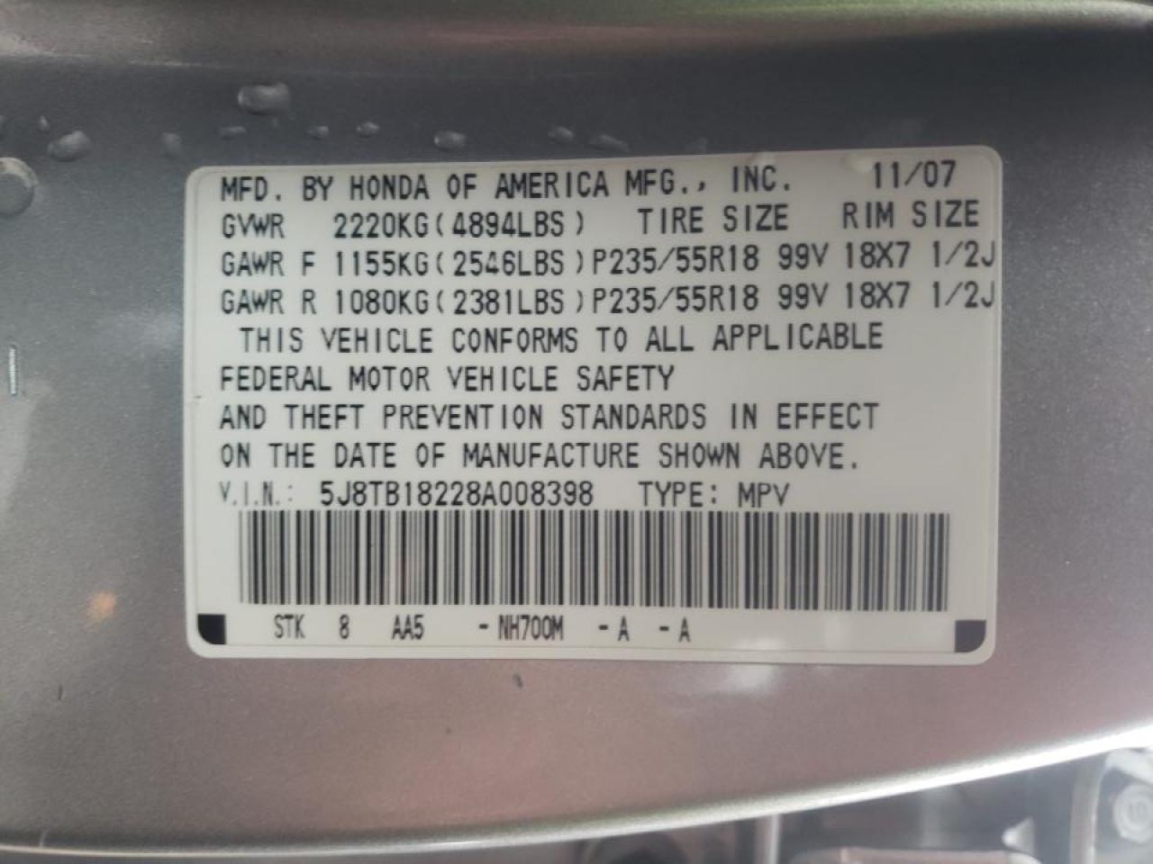 Photo 10 from auction – 2008 ACURA RDX with VIN 5J8TB18228A008398