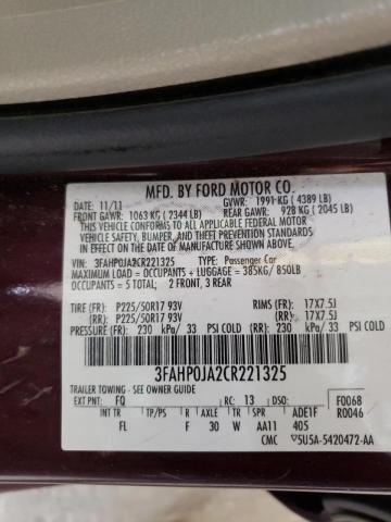 Photo 10 from auction – 2012 FORD FUSION SEL with VIN 3FAHP0JA2CR221325