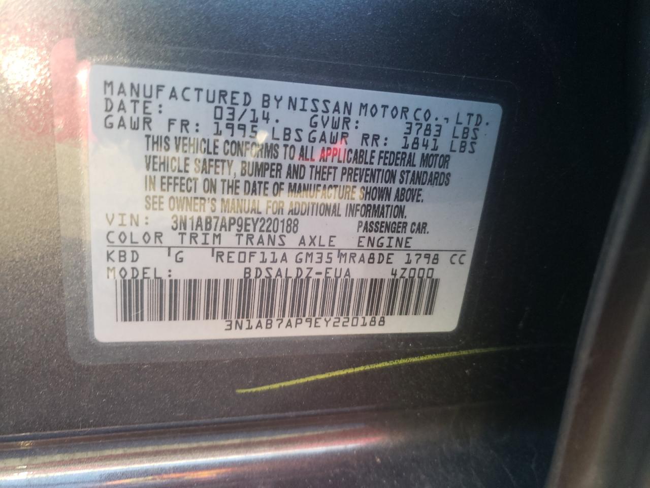 Photo 10 from auction – 2014 NISSAN SENTRA S with VIN 3N1AB7AP9EY220188