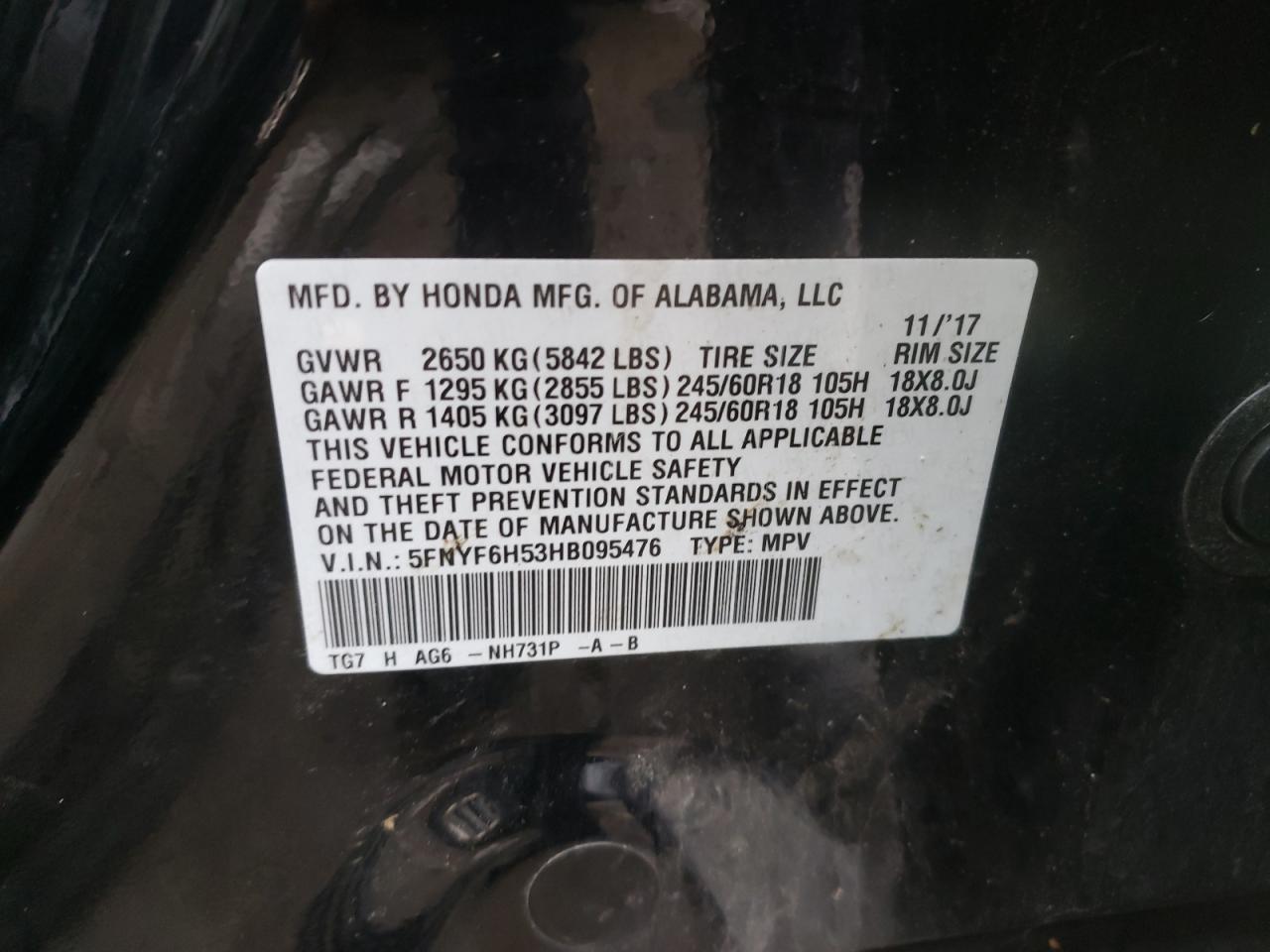 Photo 10 from auction – 2017 HONDA PILOT EXL with VIN 5FNYF6H53HB095476