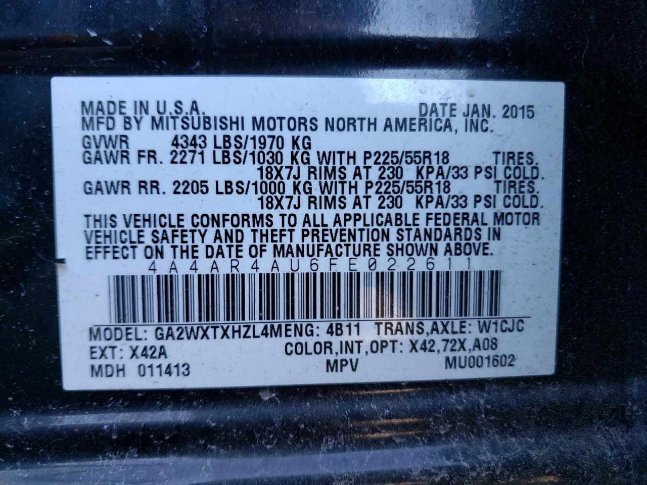 Photo 10 from auction – 2015 MITSUBISHI OUTLANDER with VIN 4A4AR4AU6FE022611
