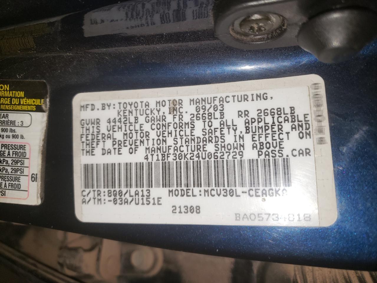 Photo 10 from auction – 2004 TOYOTA CAMRY LE with VIN 4T1BF30K24U062729