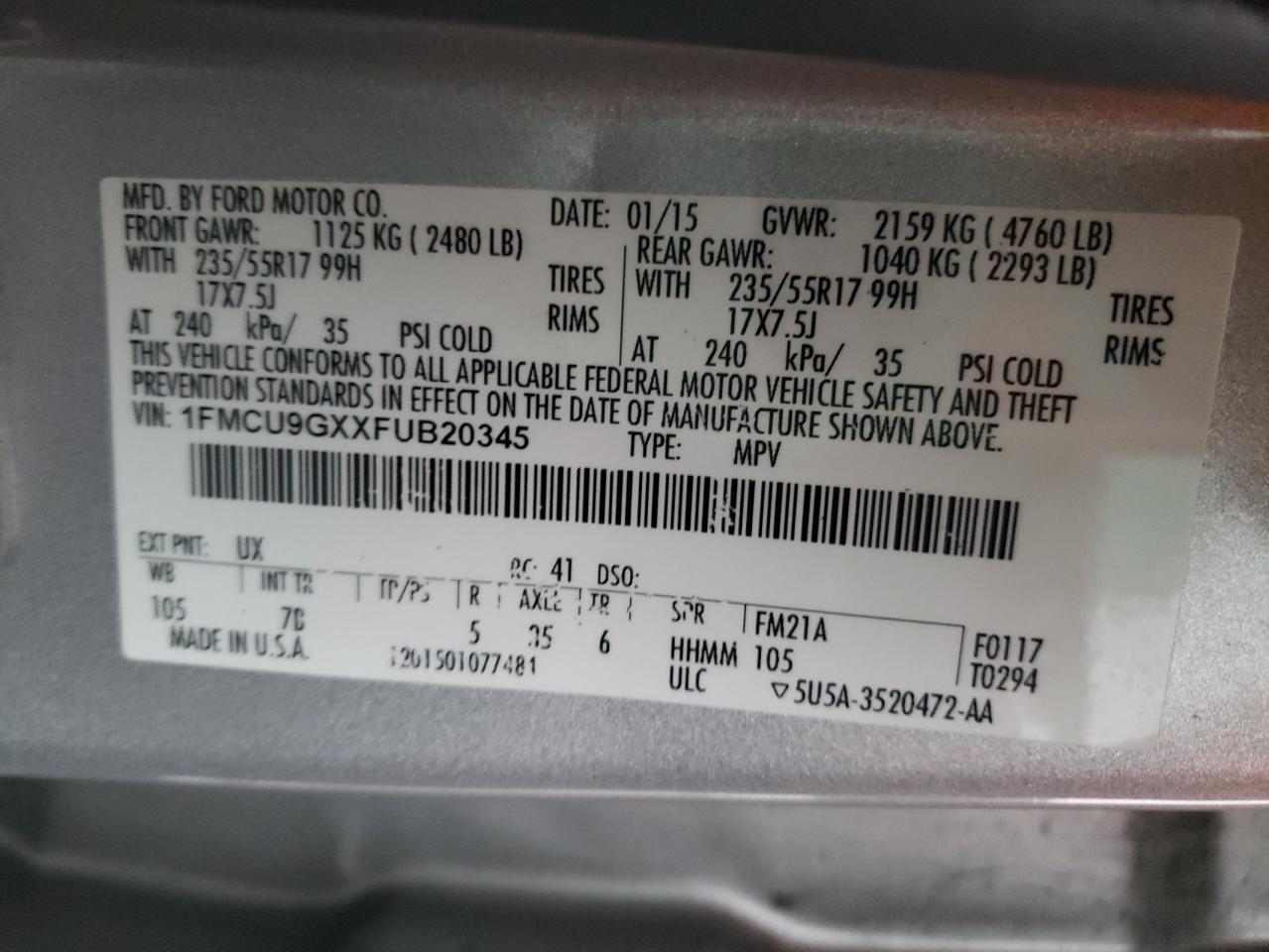 Photo 10 from auction – 2015 FORD ESCAPE SE with VIN 1FMCU9GXXFUB20345