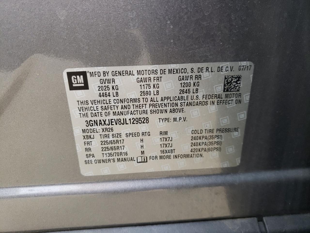 Photo 10 from auction – 2018 CHEVROLET EQUINOX LT with VIN 3GNAXJEV8JL129528