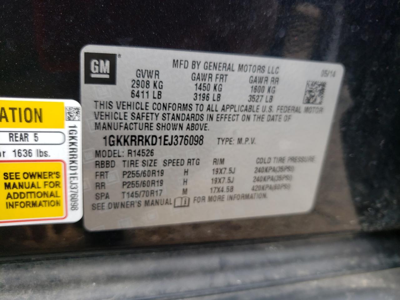 Photo 10 from auction – 2014 GMC ACADIA SLT with VIN 1GKKRRKD1EJ376098