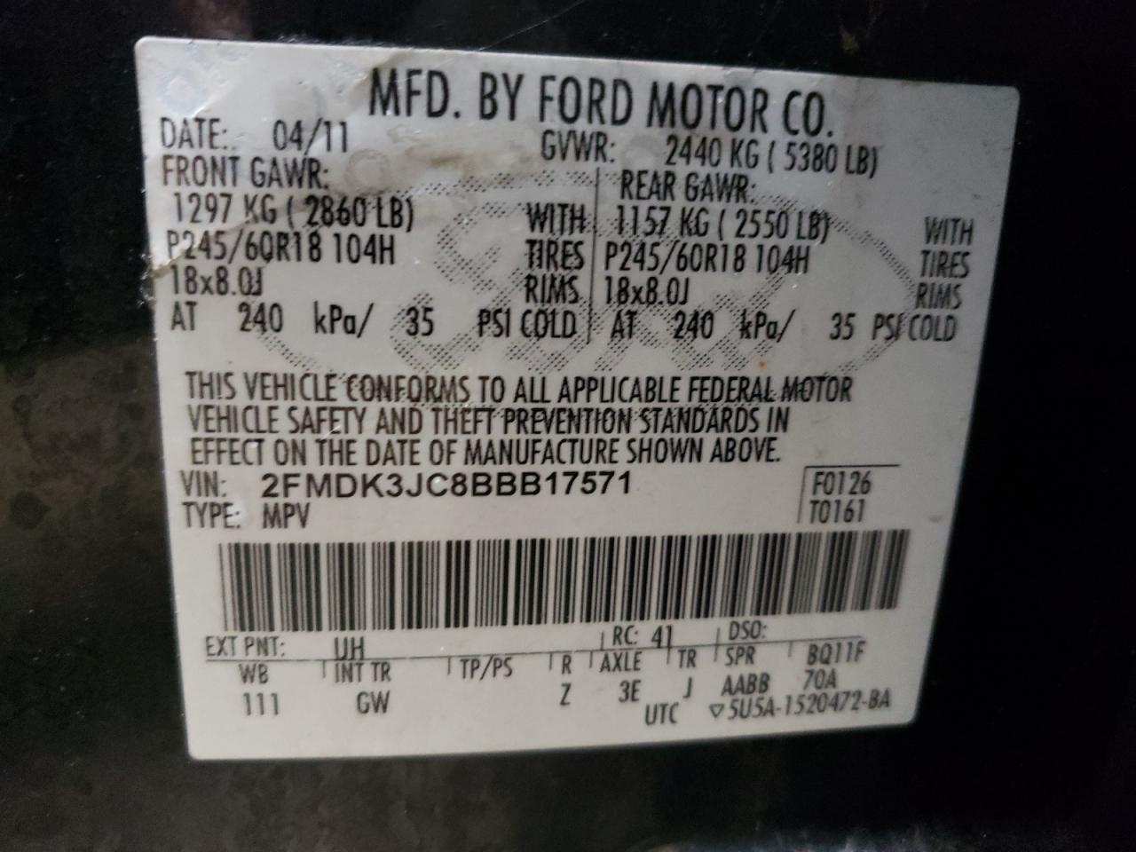 Photo 10 from auction – 2011 FORD EDGE SEL with VIN 2FMDK3JC8BBB17571