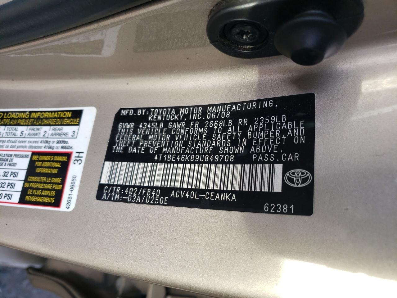 Photo 10 from auction – 2009 TOYOTA CAMRY BASE with VIN 4T1BE46K89U849708
