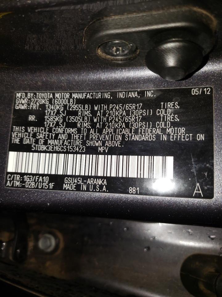 Photo 10 from auction – 2012 TOYOTA HIGHLANDER with VIN 5TDBK3EH6CS153423