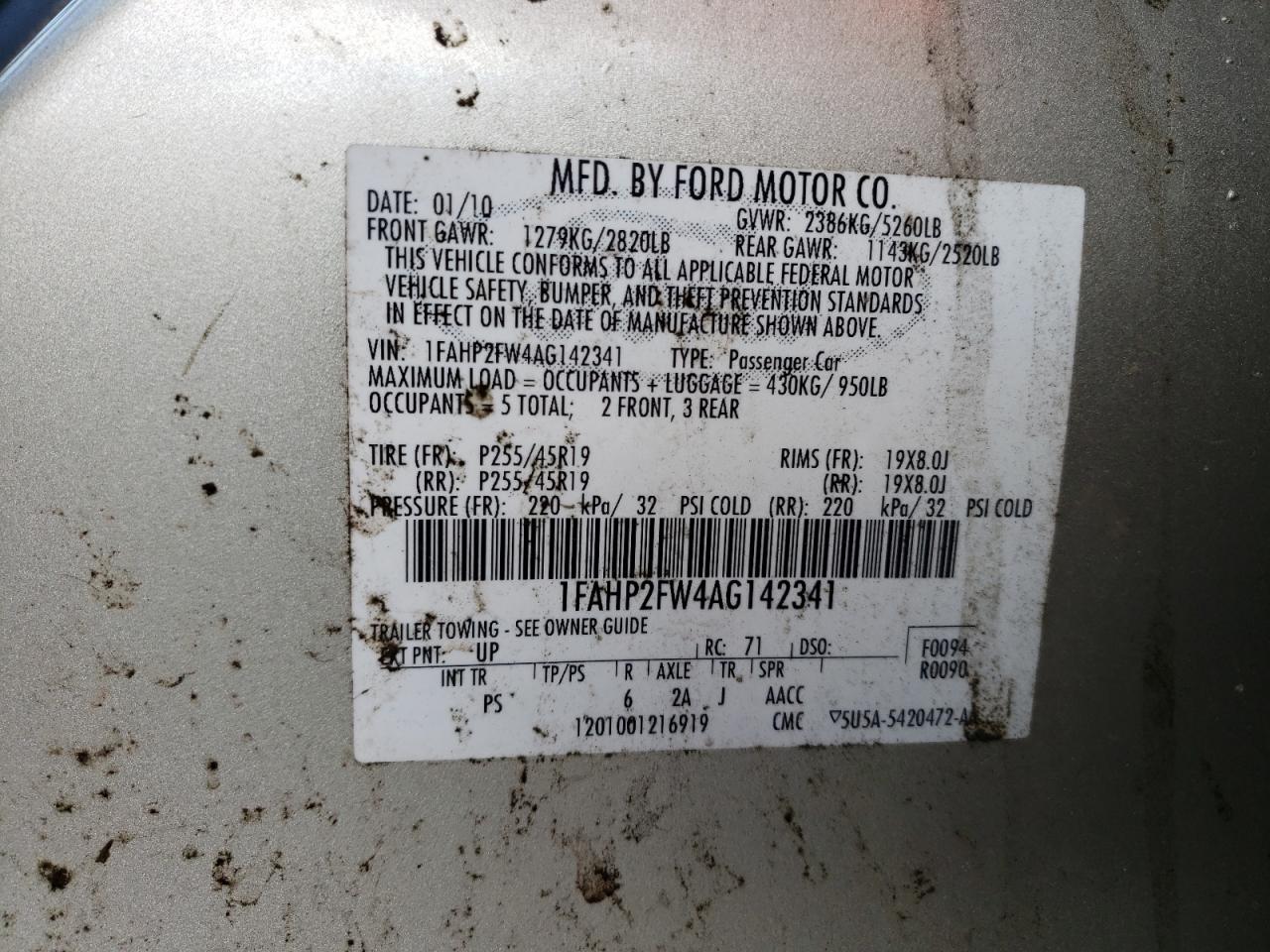 Photo 10 from auction – 2010 FORD TAURUS LIM with VIN 1FAHP2FW4AG142341