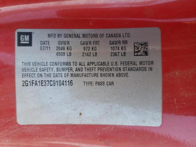 Photo 10 from auction – 2012 CHEVROLET CAMARO LS with VIN 2G1FA1E37C9104116