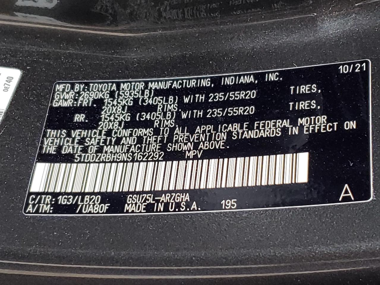 Photo 10 from auction – 2022 TOYOTA HIGHLANDER with VIN 5TDDZRBH9NS162292