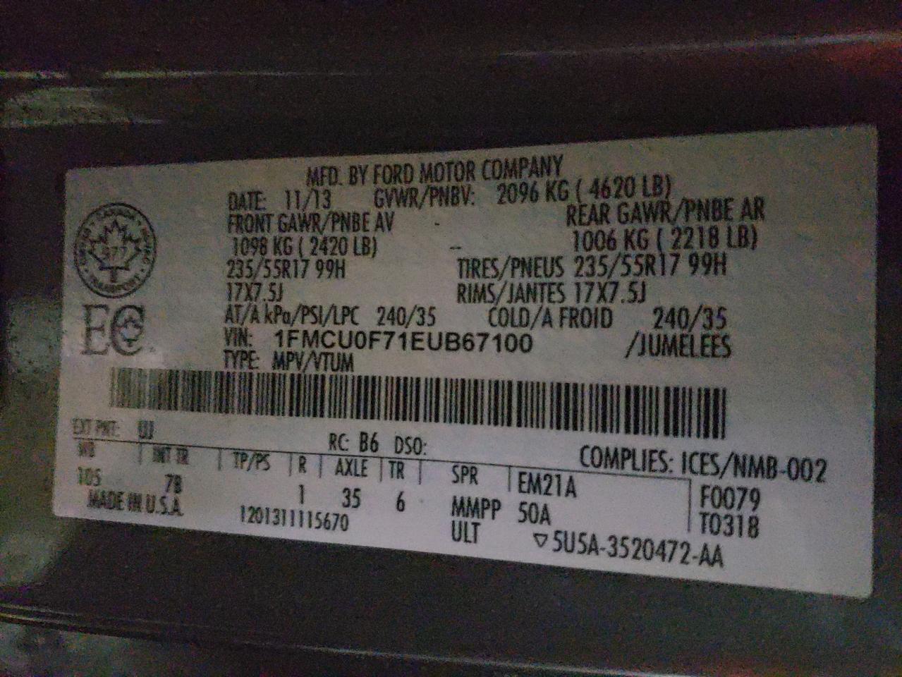 Photo 10 from auction – 2014 FORD ESCAPE S with VIN 1FMCU0F71EUB67100