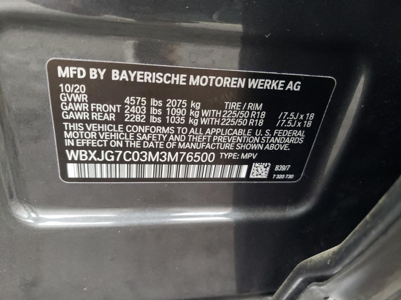 Photo 10 from auction – 2021 BMW X1 SDRIVE2 with VIN WBXJG7C03M3M76500