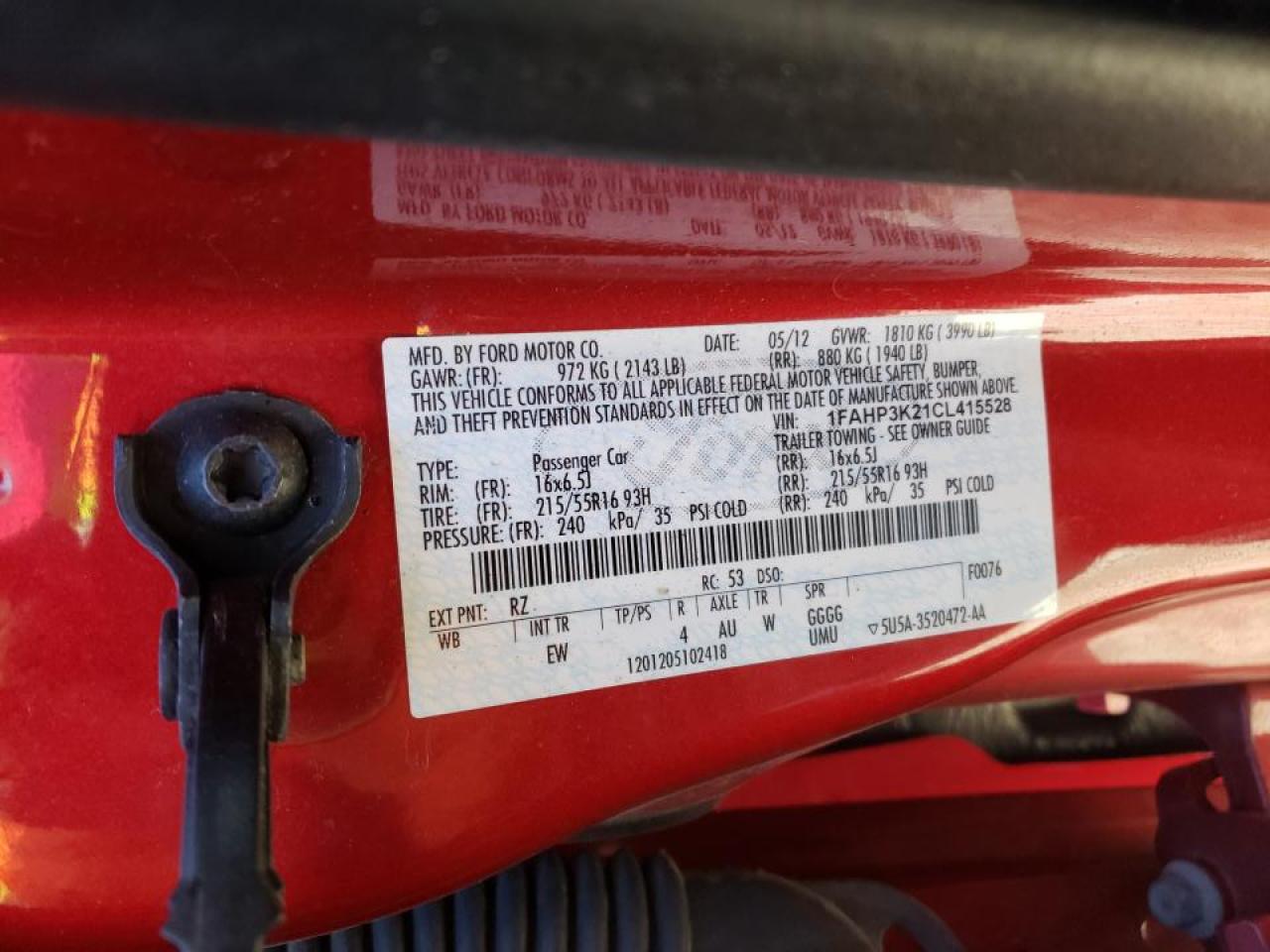 Photo 10 from auction – 2012 FORD FOCUS SE with VIN 1FAHP3K21CL415528