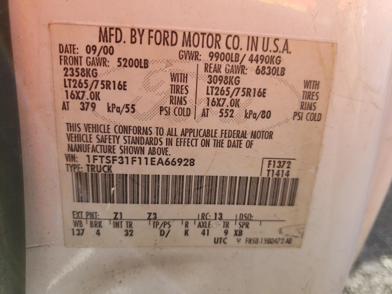 Photo 10 from auction – 2001 FORD F350 SRW S with VIN 1FTSF31F11EA66928