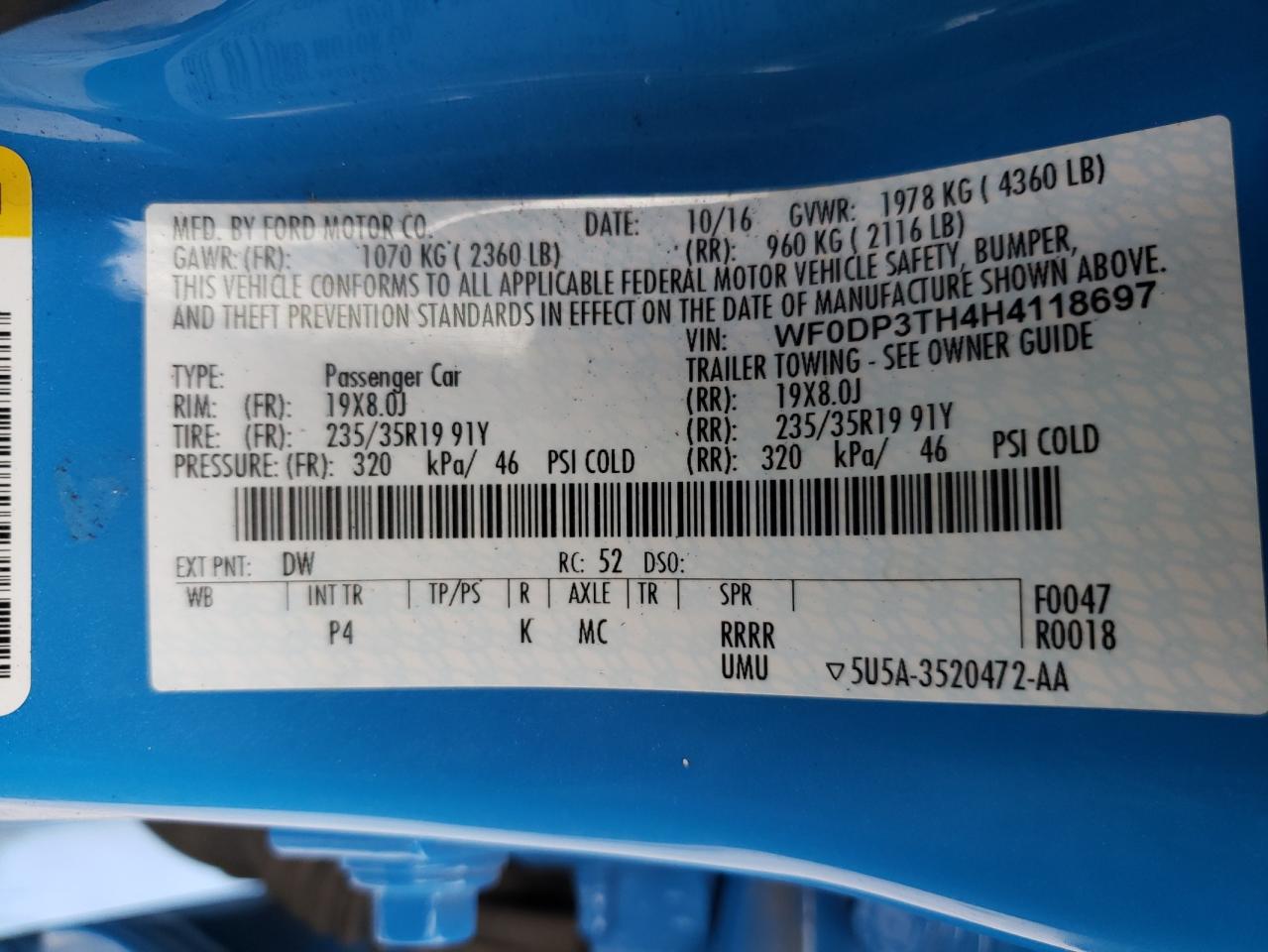 Photo 10 from auction – 2017 FORD FOCUS RS with VIN WF0DP3TH4H4118697