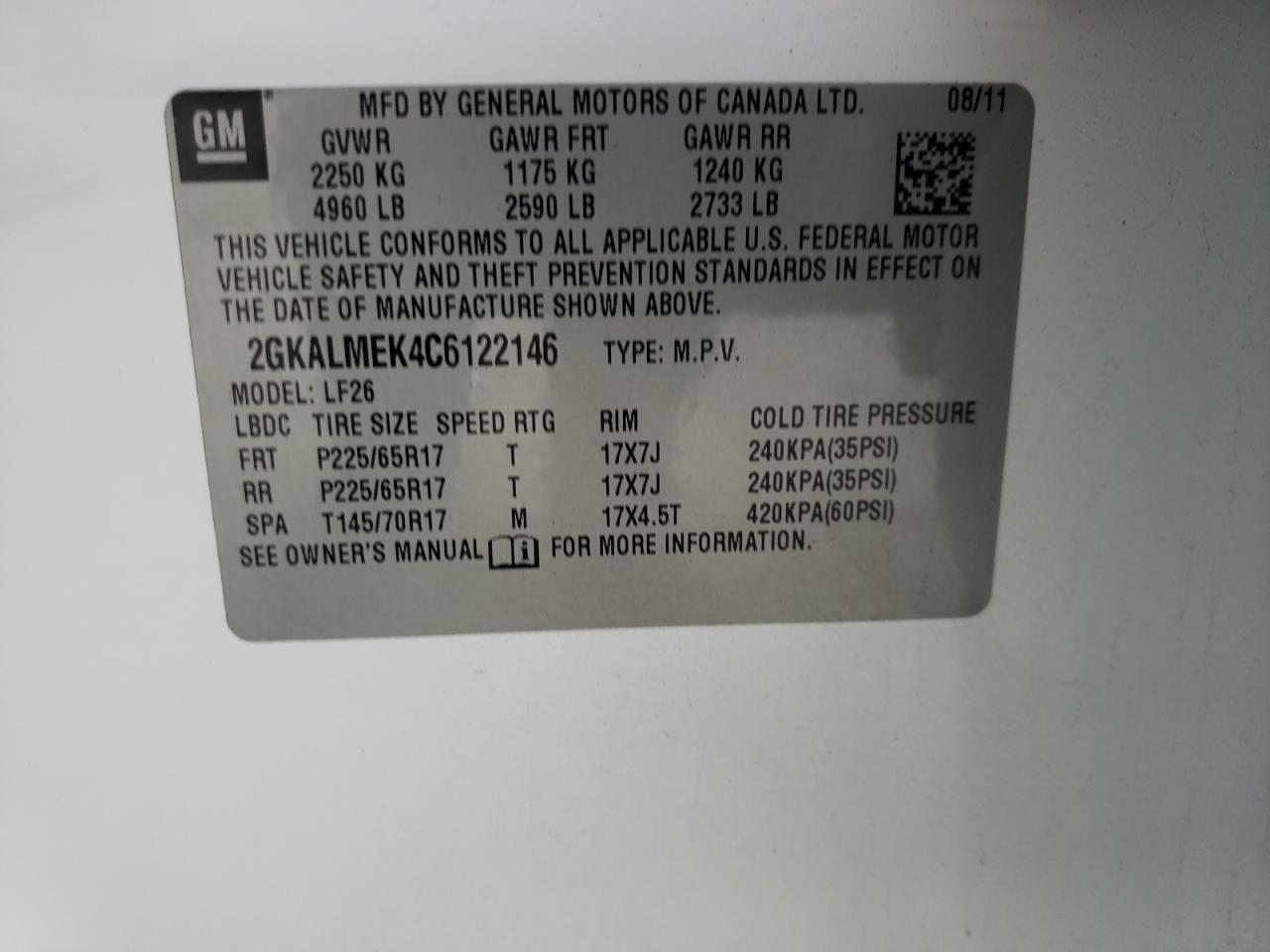 Photo 10 from auction – 2012 GMC TERRAIN SL with VIN 2GKALMEK4C6122146