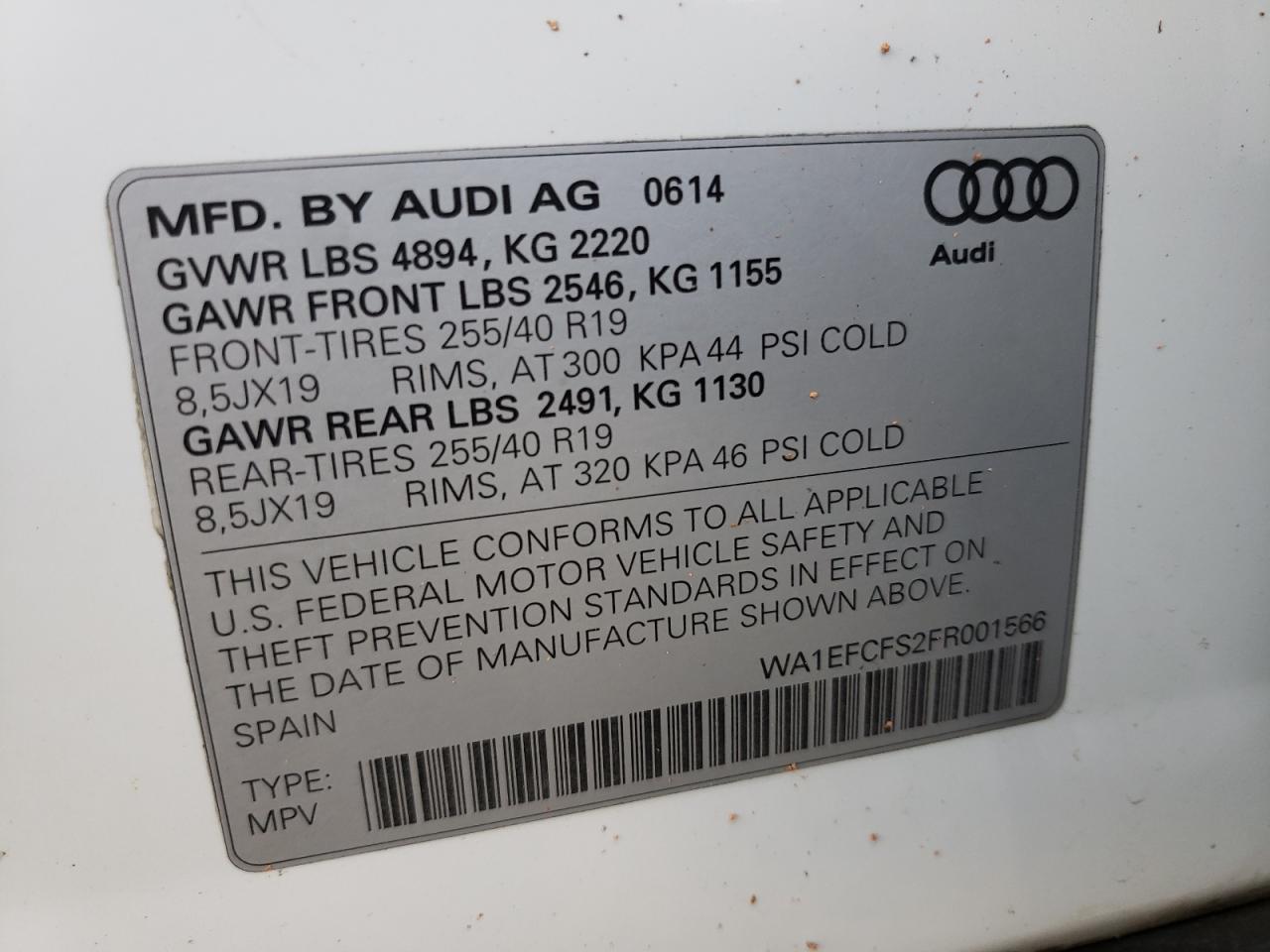 Photo 10 from auction – 2015 AUDI Q3 PREMIUM with VIN WA1EFCFS2FR001566