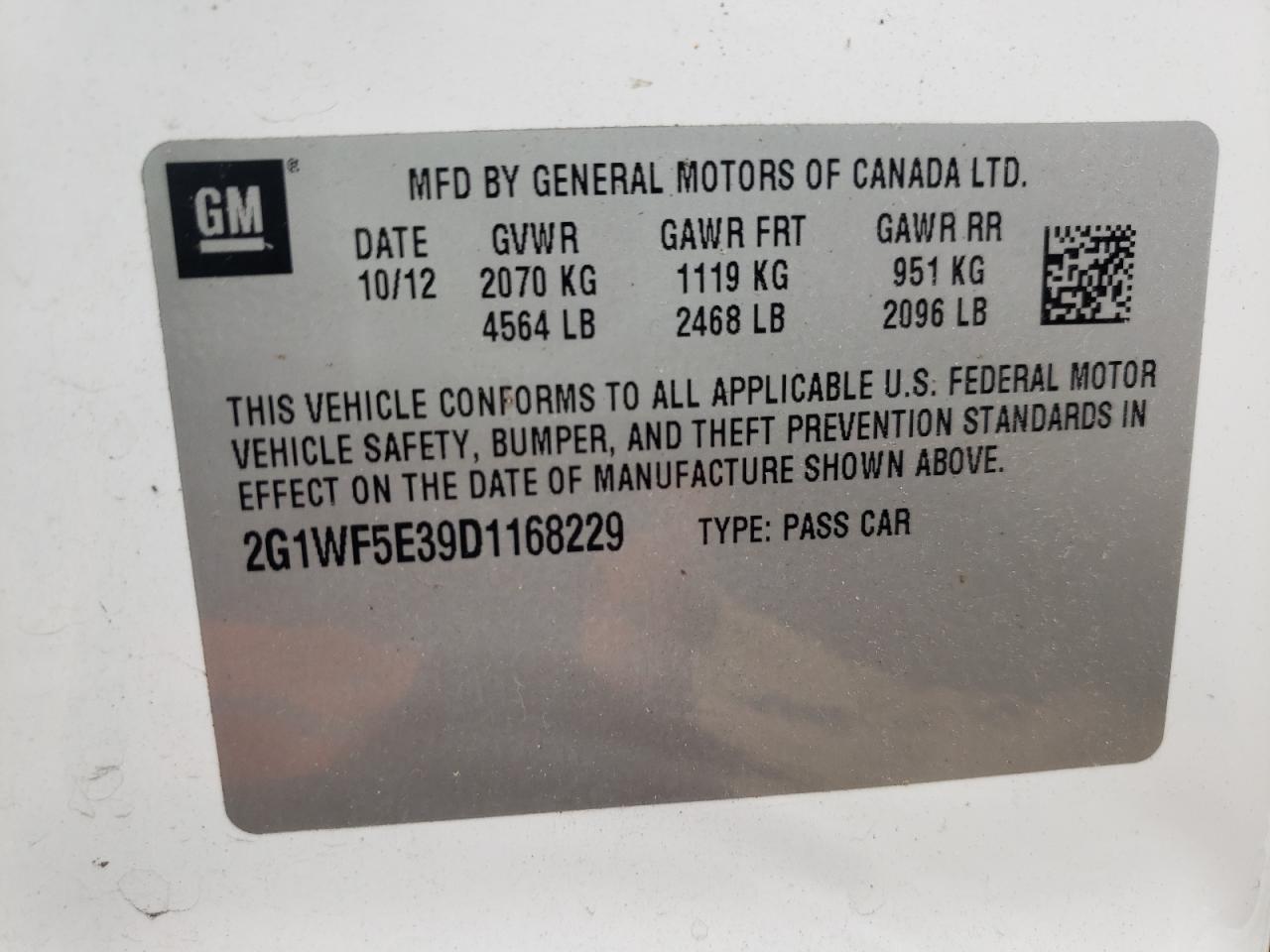Photo 10 from auction – 2013 CHEVROLET IMPALA LS with VIN 2G1WF5E39D1168229