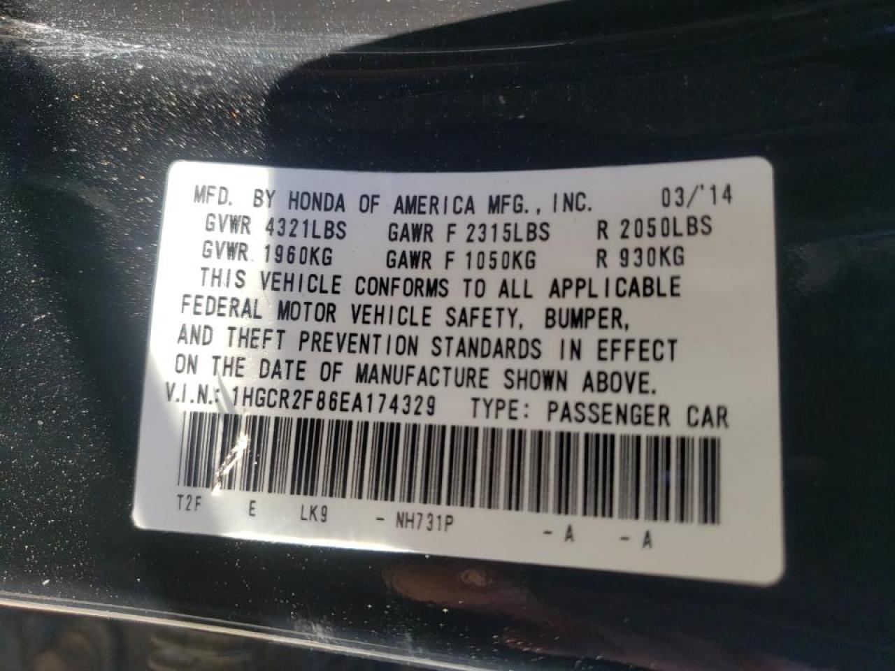 Photo 10 from auction – 2014 HONDA ACCORD EXL with VIN 1HGCR2F86EA174329