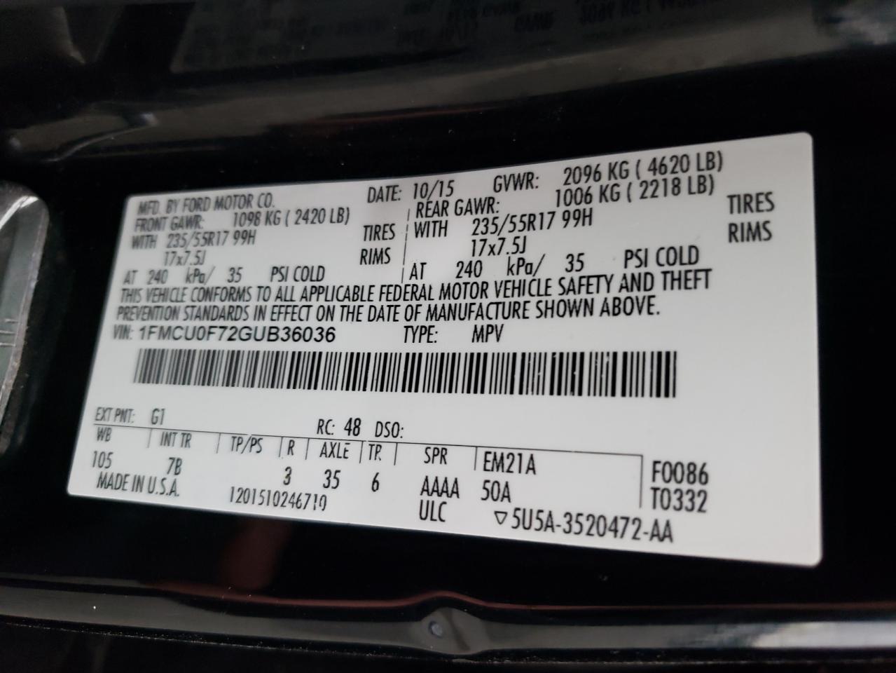 Photo 10 from auction – 2016 FORD ESCAPE S with VIN 1FMCU0F72GUB36036