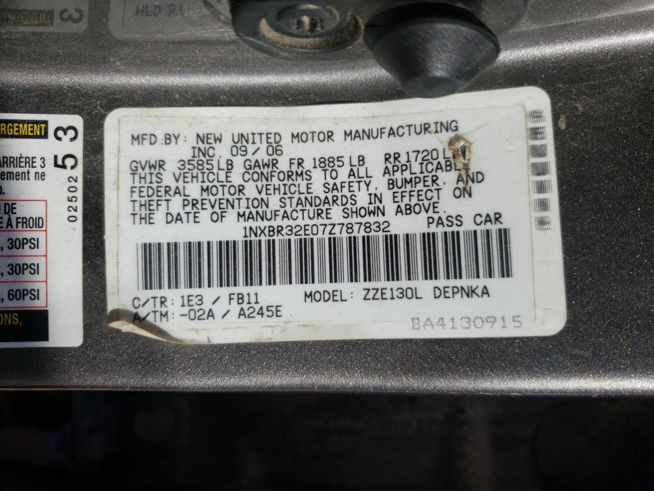 Photo 10 from auction – 2007 TOYOTA COROLLA CE with VIN 1NXBR32E07Z787832