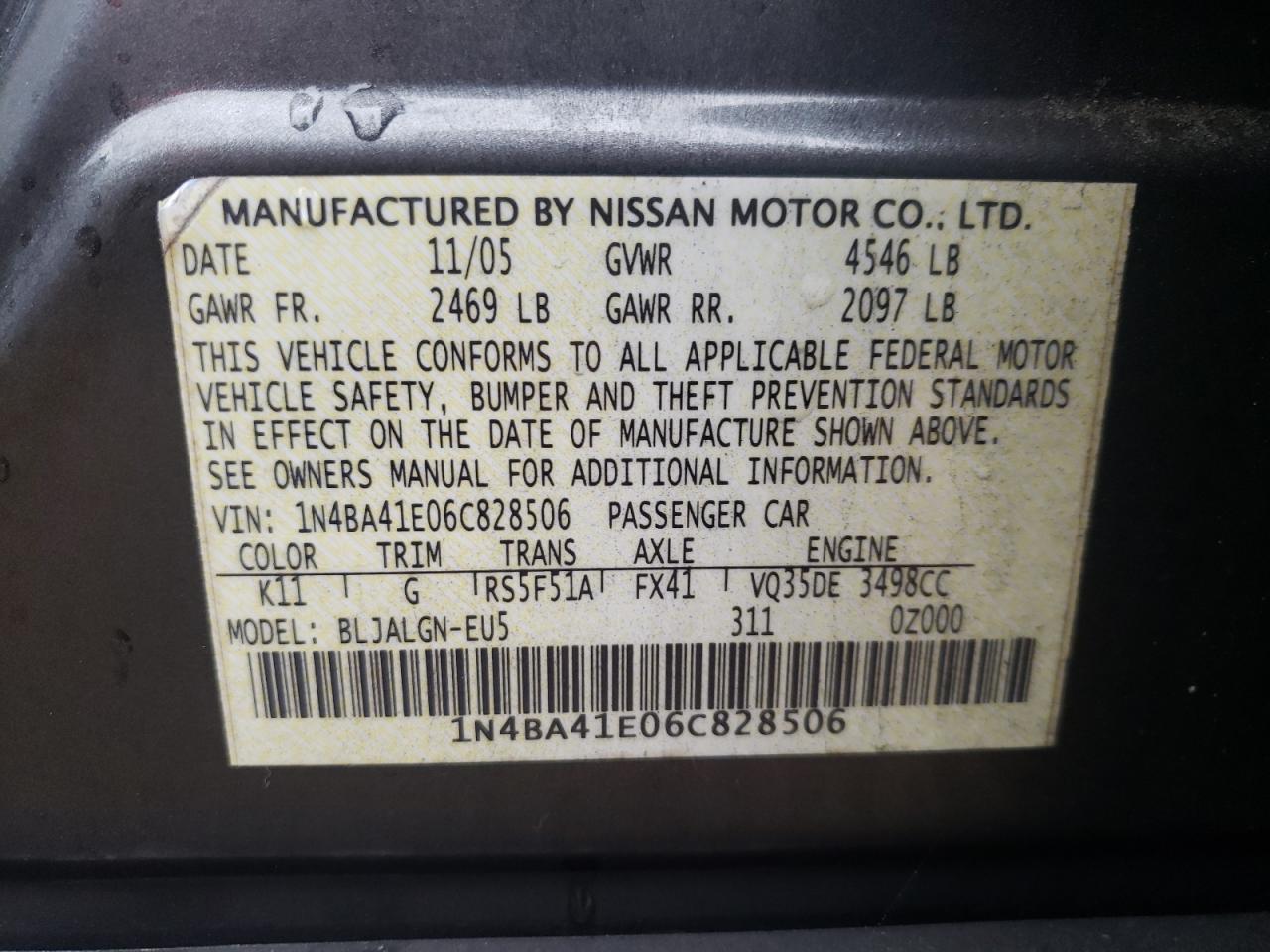 Zdjęcie 10 z aukcji – 2006 NISSAN MAXIMA SE z VIN 1N4BA41E06C828506