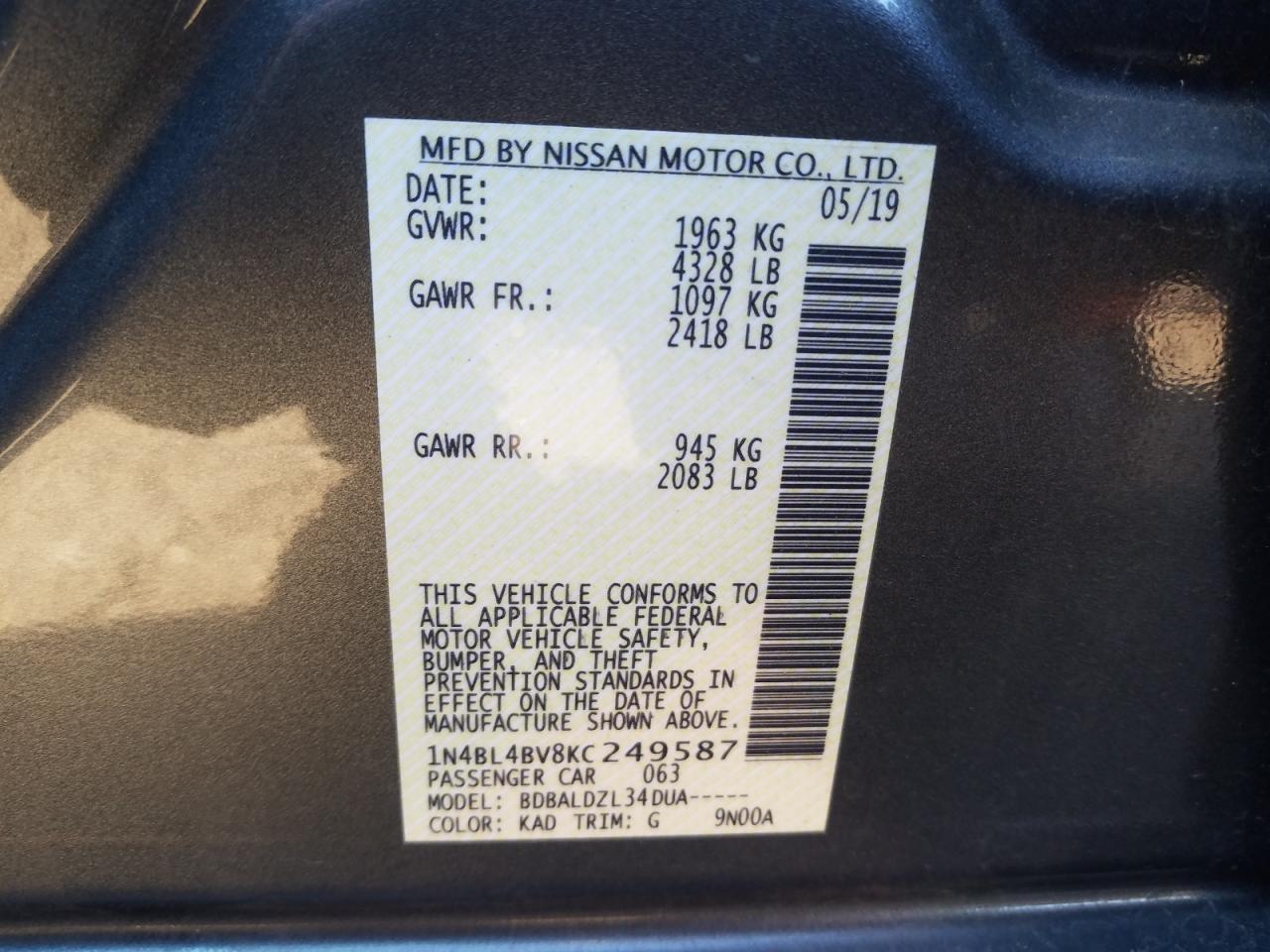 Photo 10 from auction – 2019 NISSAN ALTIMA S with VIN 1N4BL4BV8KC249587