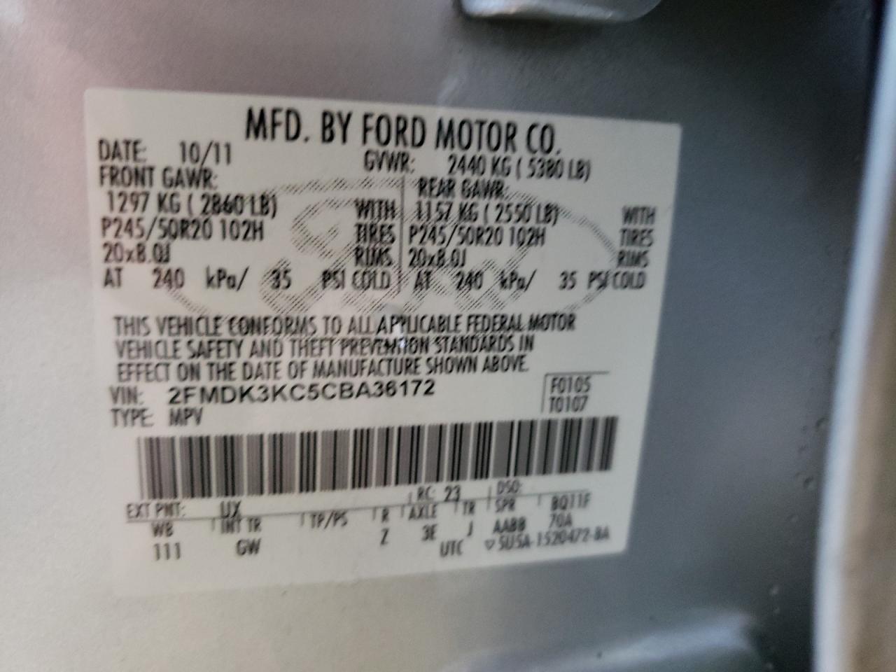 Photo 10 from auction – 2012 FORD EDGE LIMIT with VIN 2FMDK3KC5CBA36172
