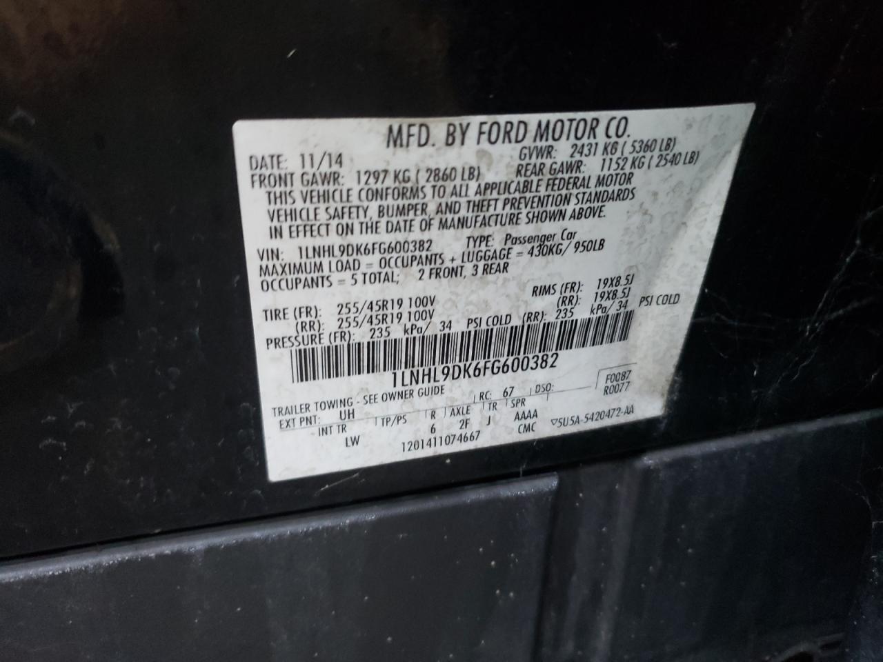 Photo 10 from auction – 2015 LINCOLN MKS with VIN 1LNHL9DK6FG600382