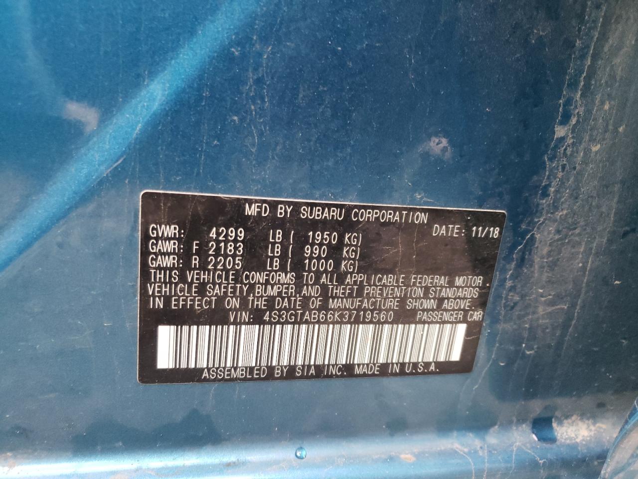 Photo 10 from auction – 2019 SUBARU IMPREZA with VIN 4S3GTAB66K3719560
