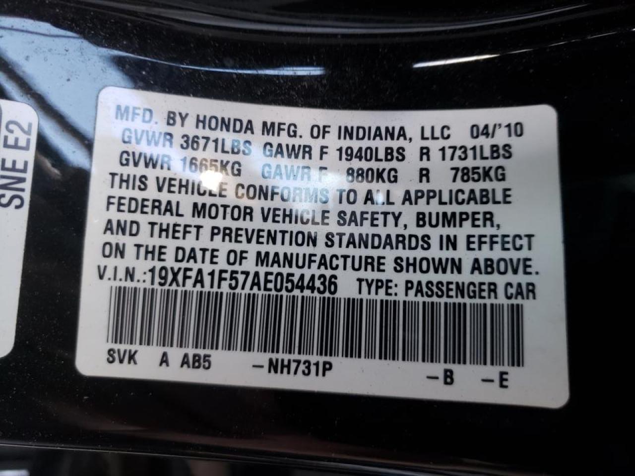 Photo 10 from auction – 2010 HONDA CIVIC LX with VIN 19XFA1F57AE054436