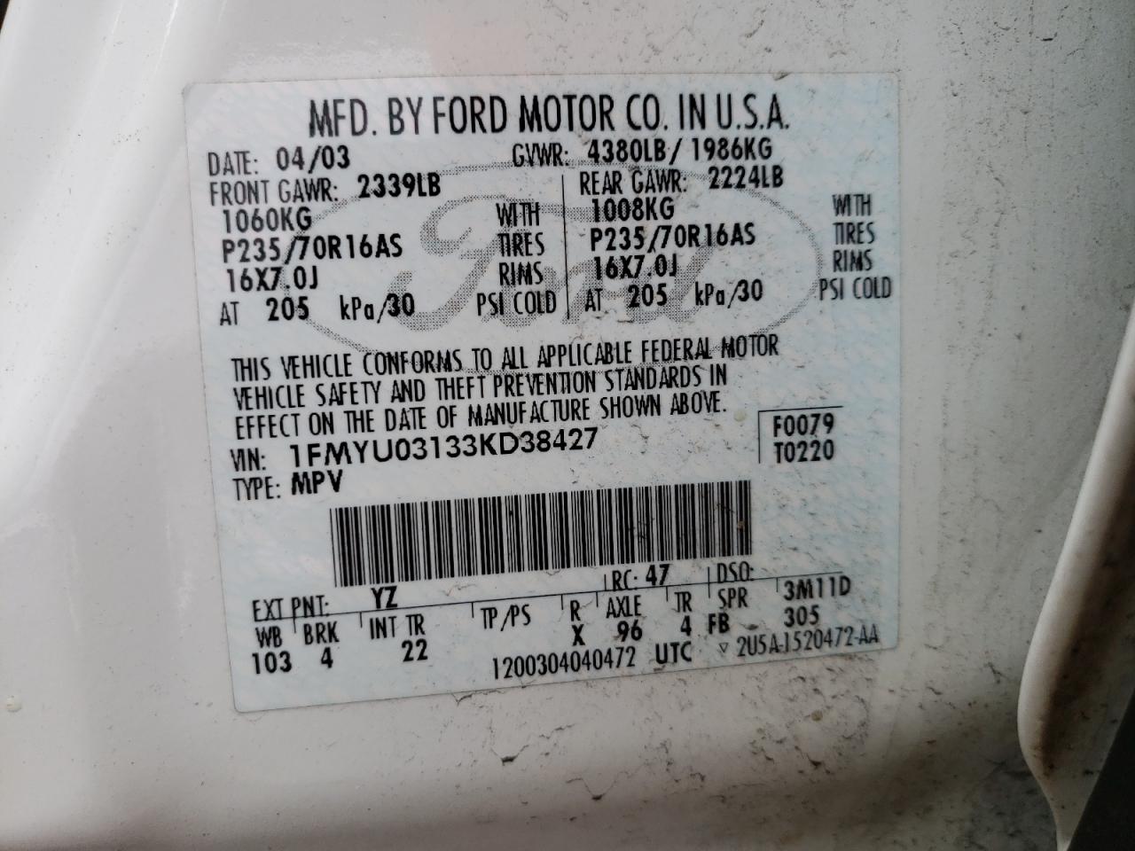 Photo 10 from auction – 2003 FORD ESCAPE XLT with VIN 1FMYU03133KD38427