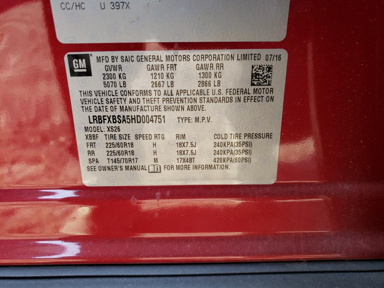 Photo 10 from auction – 2017 BUICK ENVISION E with VIN LRBFXBSA5HD004751