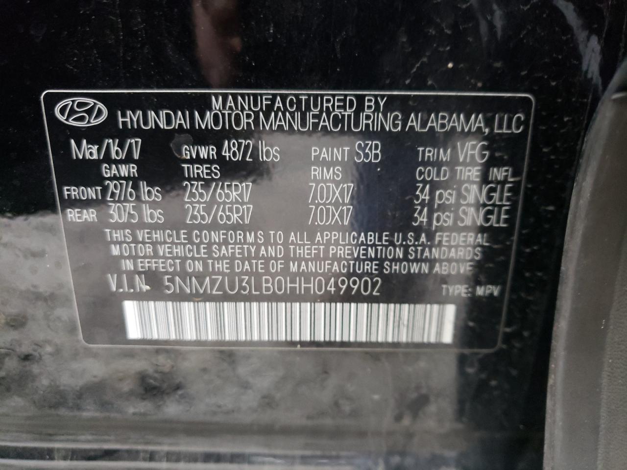 Photo 10 from auction – 2017 HYUNDAI SANTA FE S with VIN 5NMZU3LB0HH049902