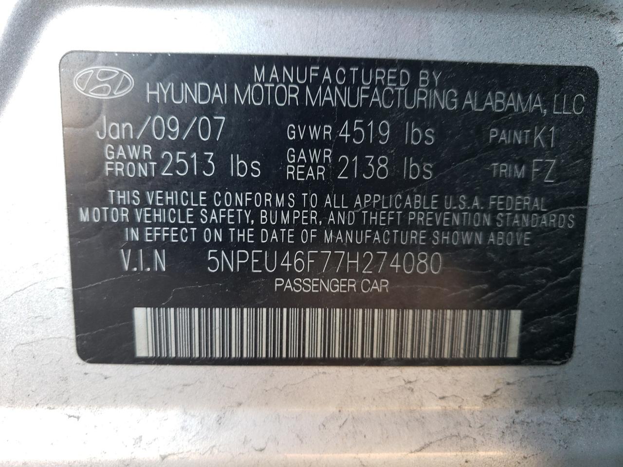 Photo 10 from auction – 2007 HYUNDAI SONATA SE with VIN 5NPEU46F77H274080