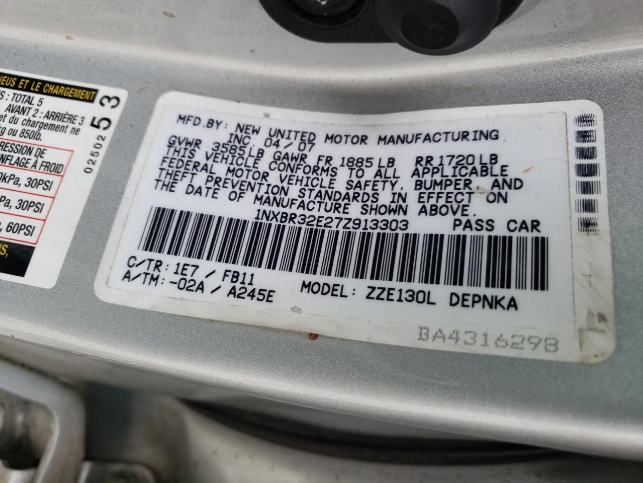 Photo 10 from auction – 2007 TOYOTA COROLLA CE with VIN 1NXBR32E27Z913303