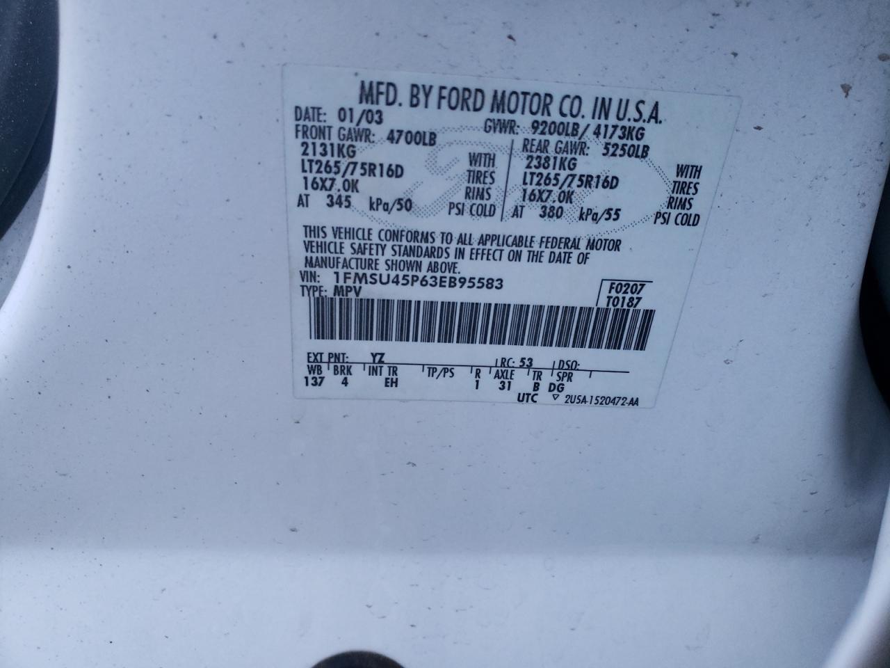 Photo 10 from auction – 2003 FORD EXCURSION with VIN 1FMSU45P63EB95583