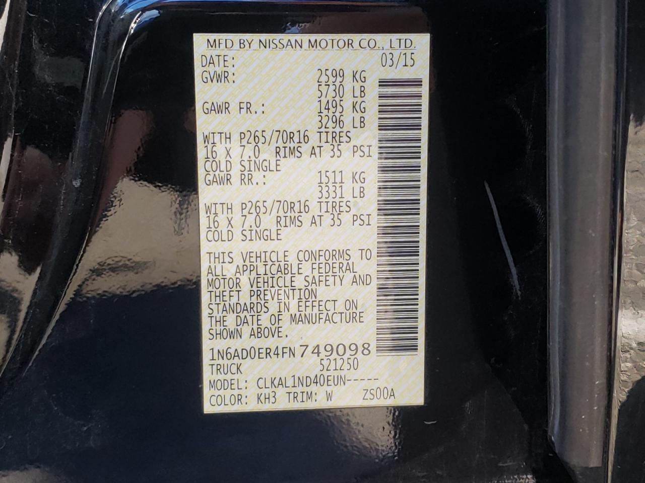 Photo 10 from auction – 2015 NISSAN FRONTIER S with VIN 1N6AD0ER4FN749098