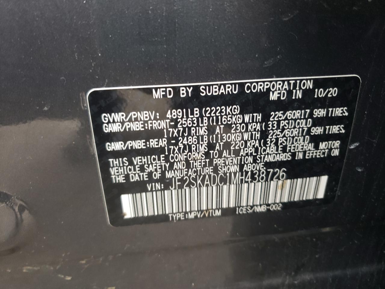 Photo 10 from auction – 2021 SUBARU FORESTER with VIN JF2SKADC1MH438726
