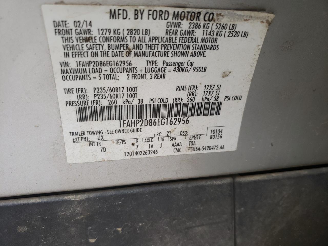 Photo 10 from auction – 2014 FORD TAURUS SE with VIN 1FAHP2D86EG162956