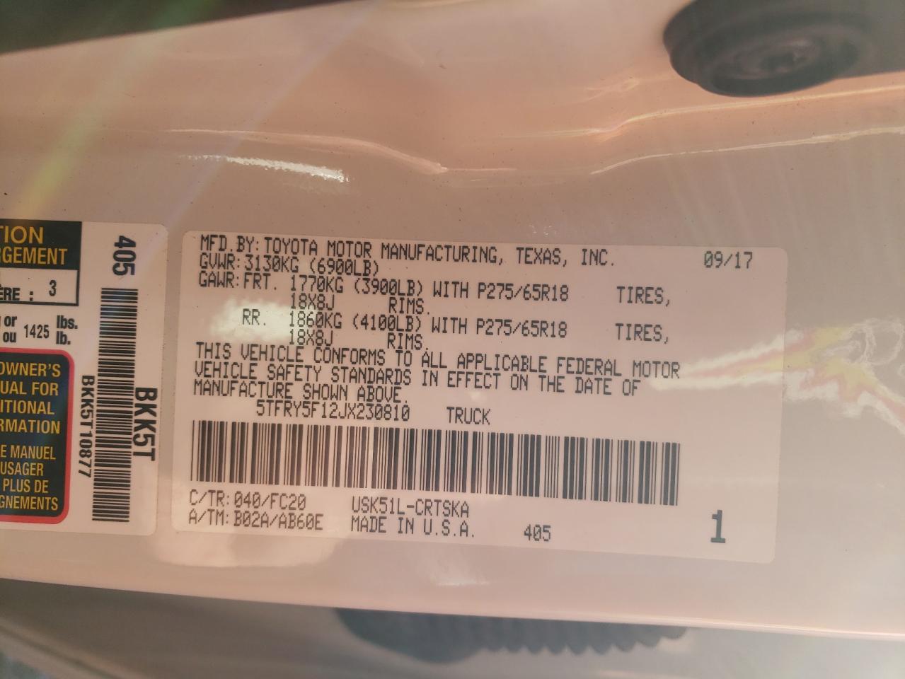 Photo 10 from auction – 2018 TOYOTA TUNDRA DOU with VIN 5TFRY5F12JX230810