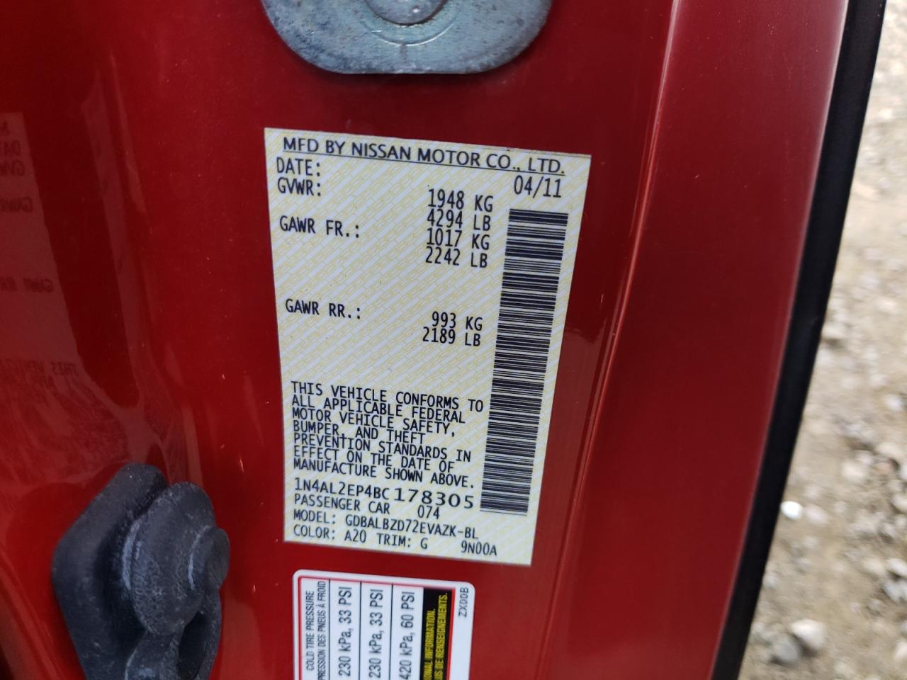 Photo 10 from auction – 2011 NISSAN ALTIMA S with VIN 1N4AL2EP4BC178305