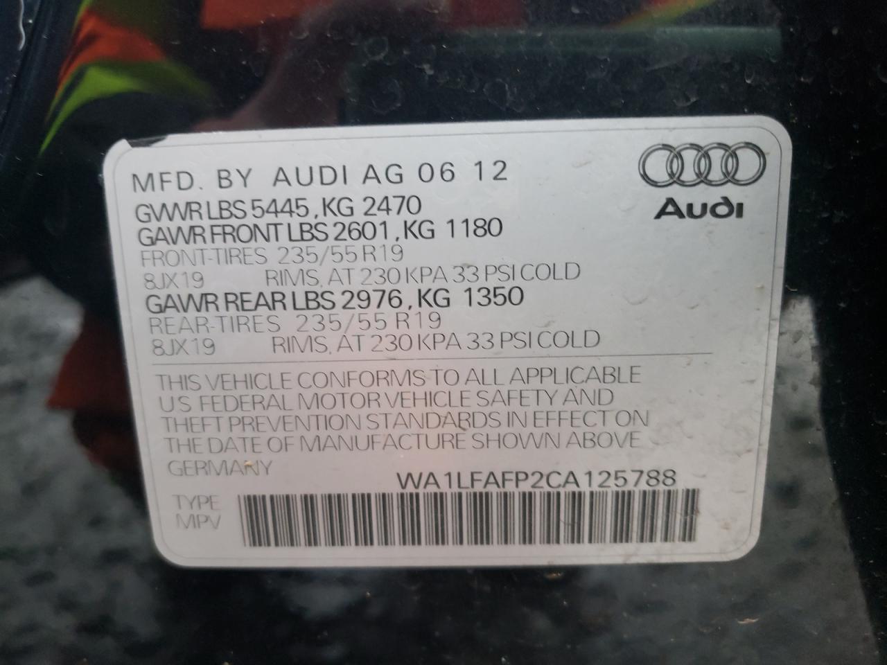 Photo 10 from auction – 2012 AUDI Q5 PREMIUM with VIN WA1LFAFP2CA125788