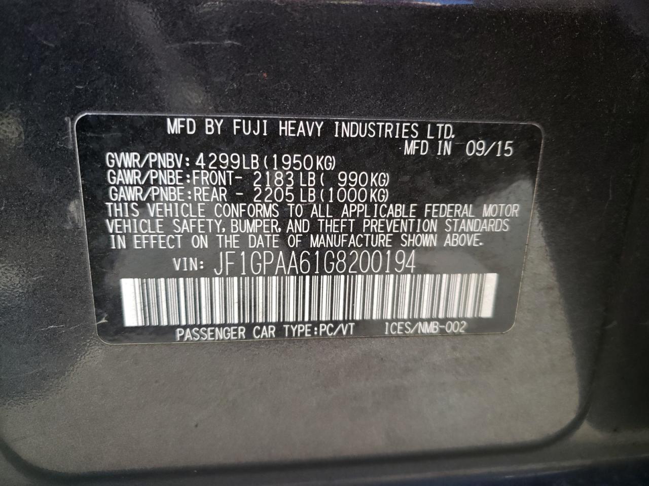 Photo 10 from auction – 2016 SUBARU IMPREZA with VIN JF1GPAA61G8200194