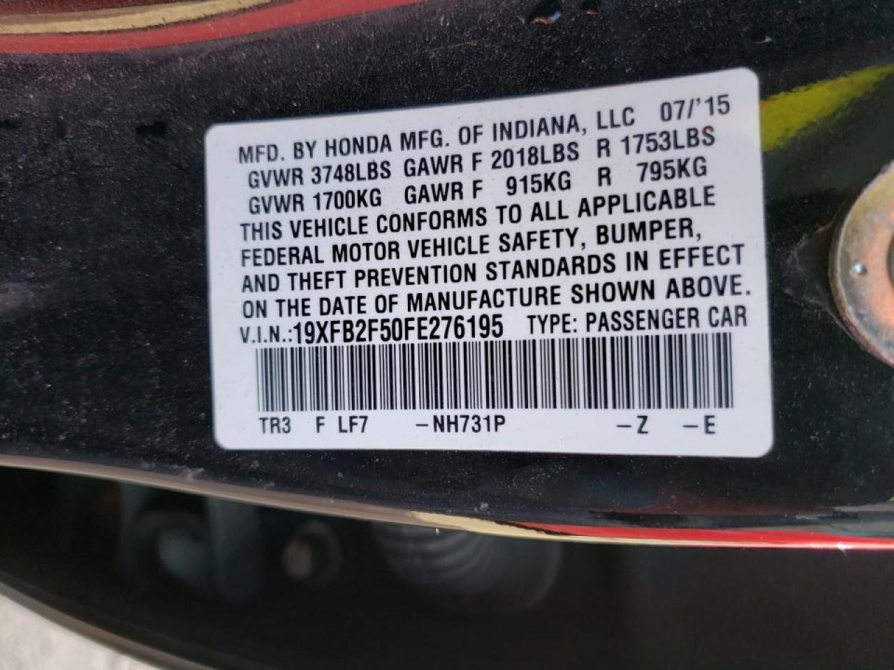 Photo 10 from auction – 2015 HONDA CIVIC LX with VIN 19XFB2F50FE276195