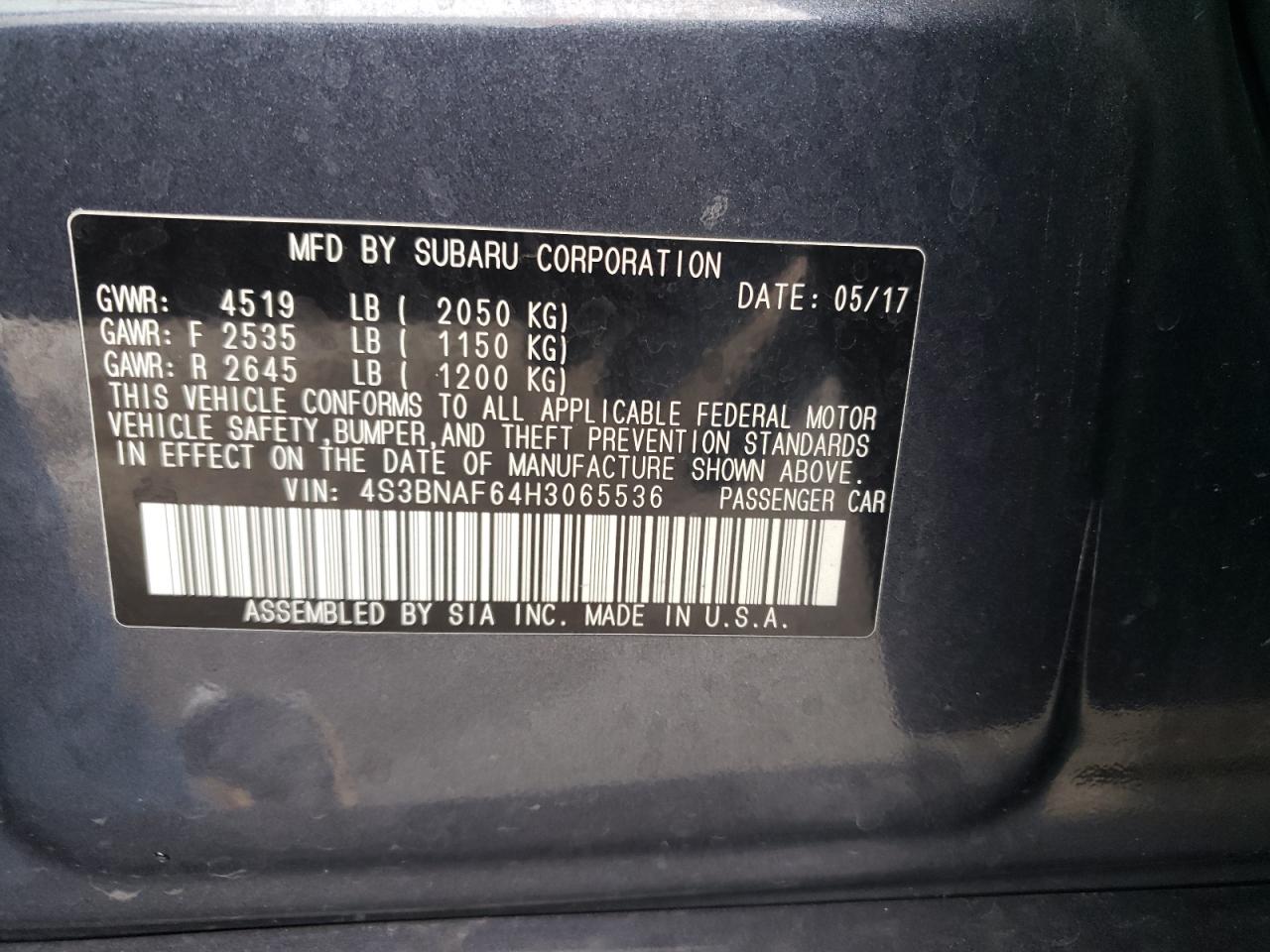 Photo 10 from auction – 2017 SUBARU LEGACY 2.5 with VIN 4S3BNAF64H3065536