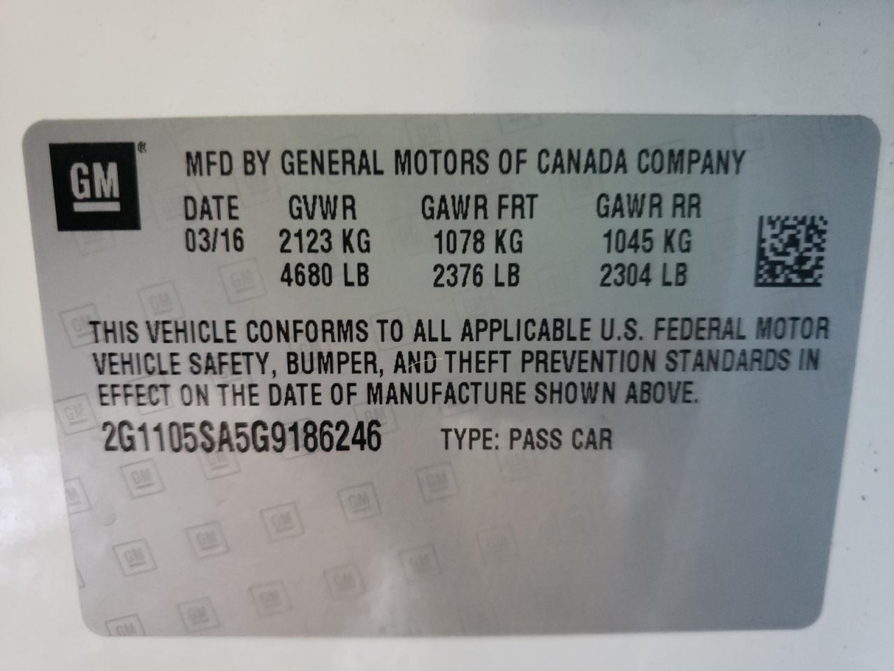 Photo 10 from auction – 2016 CHEVROLET IMPALA LT with VIN 2G1105SA5G9186246