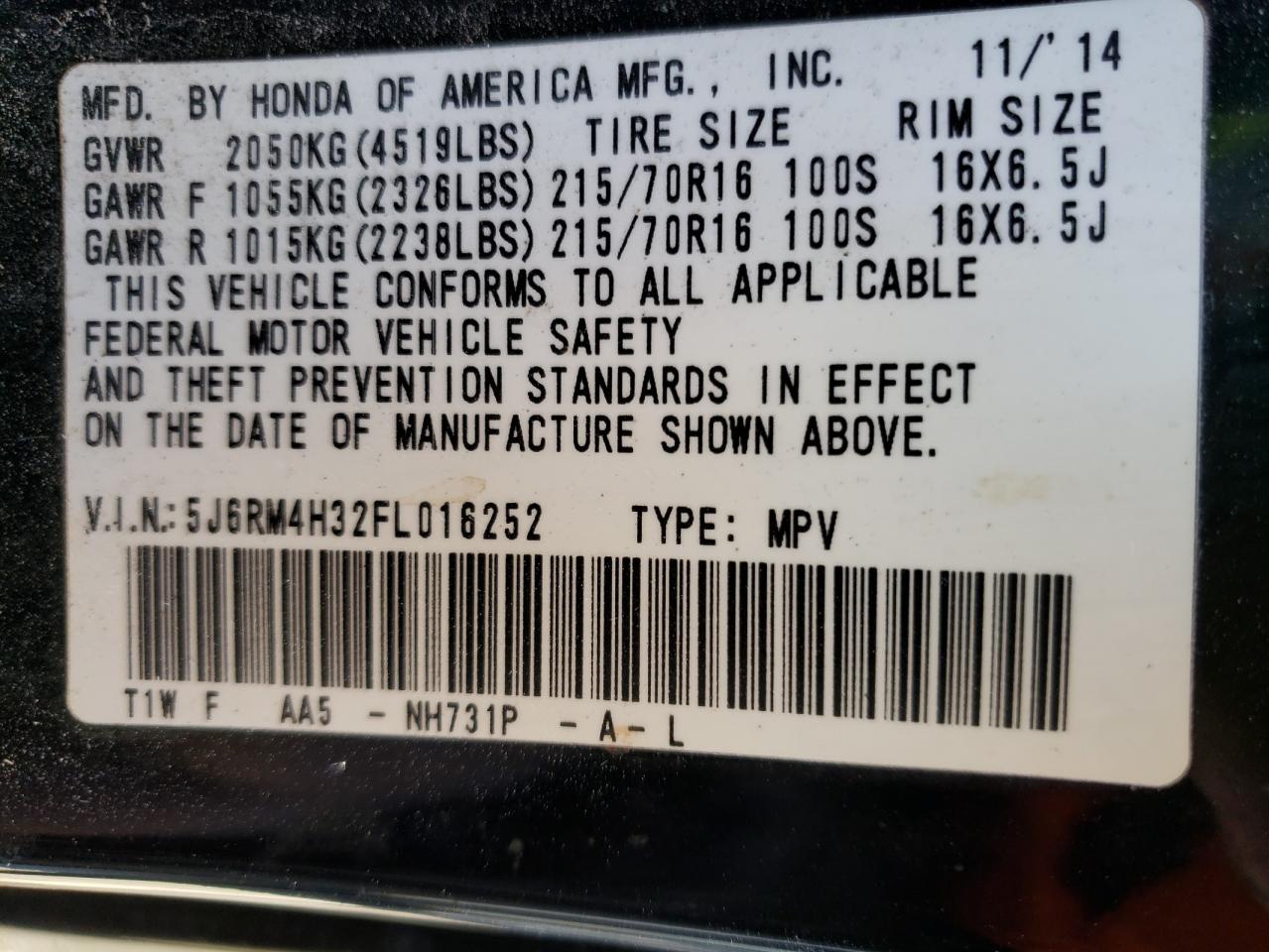 Photo 10 from auction – 2015 HONDA CR-V LX with VIN 5J6RM4H32FL016252