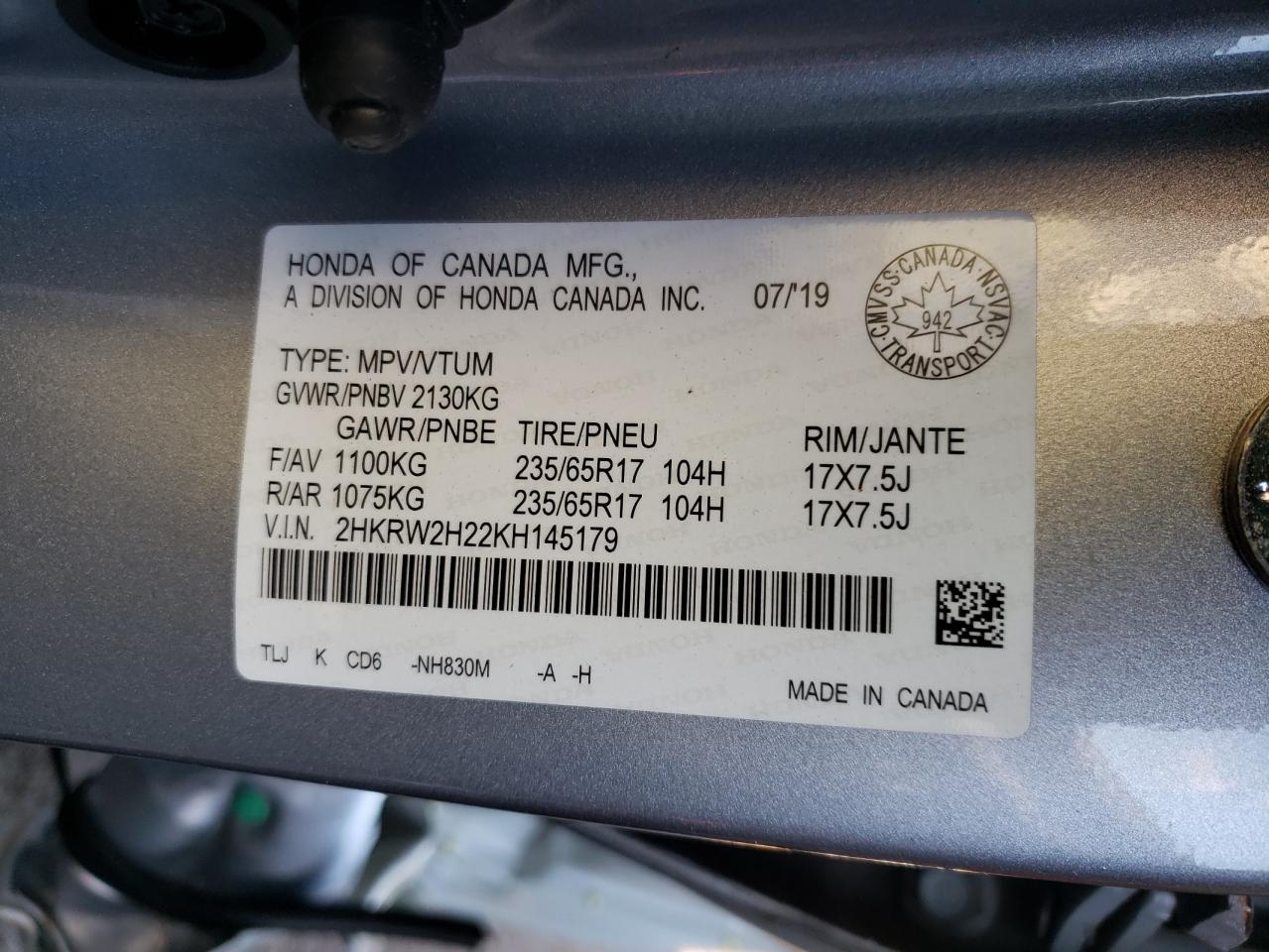 Photo 10 from auction – 2019 HONDA CR-V LX with VIN 2HKRW2H22KH145179